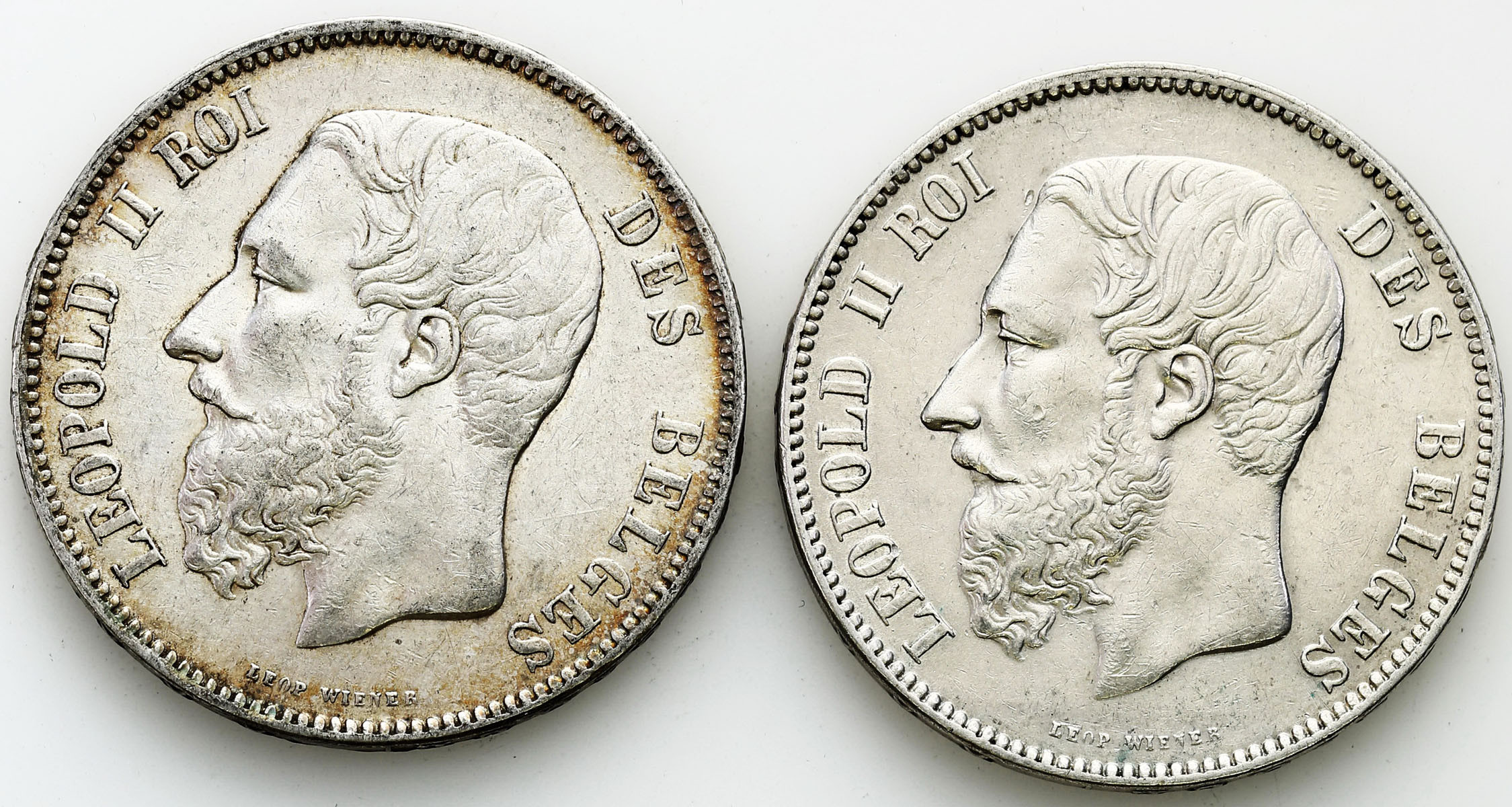 Belgia 5 franków 1869 i 1870 Leopold II – zestaw 2 sztuk
